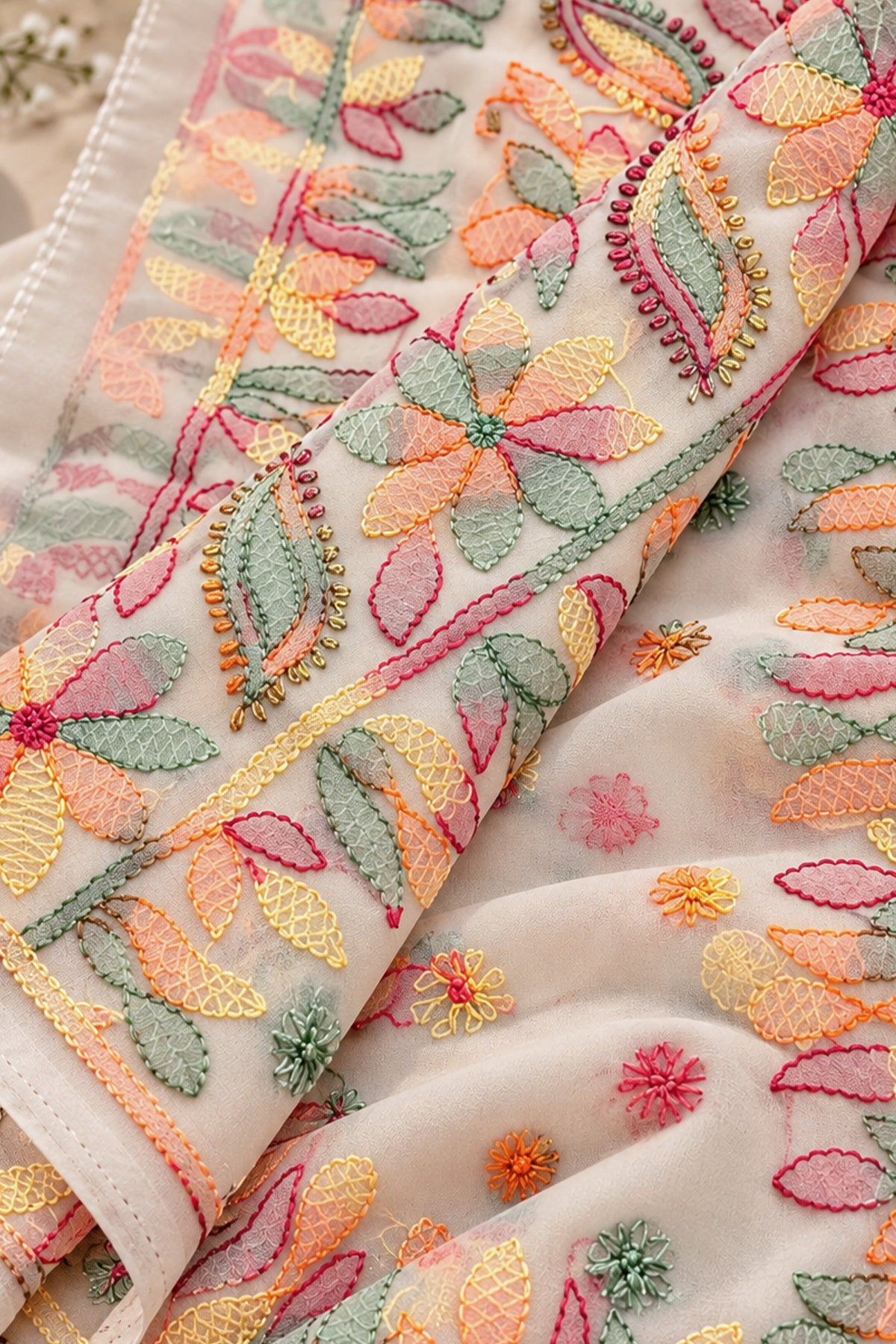 Ivory Georgette Chikankari Saree - SS097