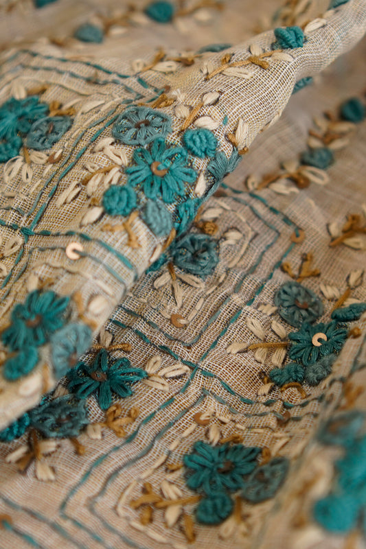 Aqua Bloom Embroidered Tissue Linen Saree – SS036