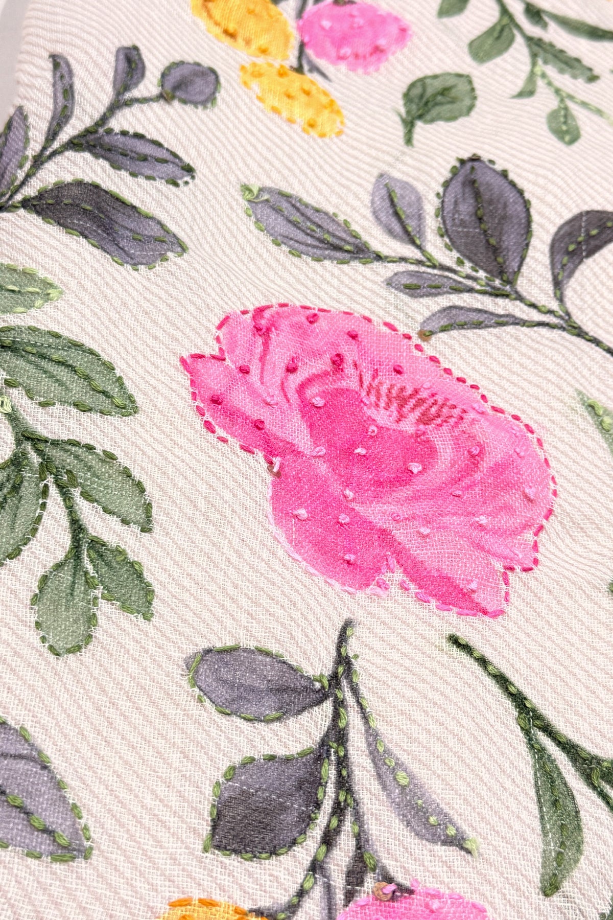 Basanti Bloom Floral Threadwork Linen Saree with Brush-Painted Details - SS116