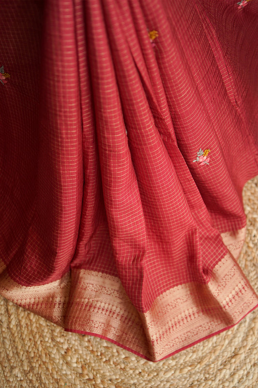 Crimson Bloom Embroidered Crepe Saree