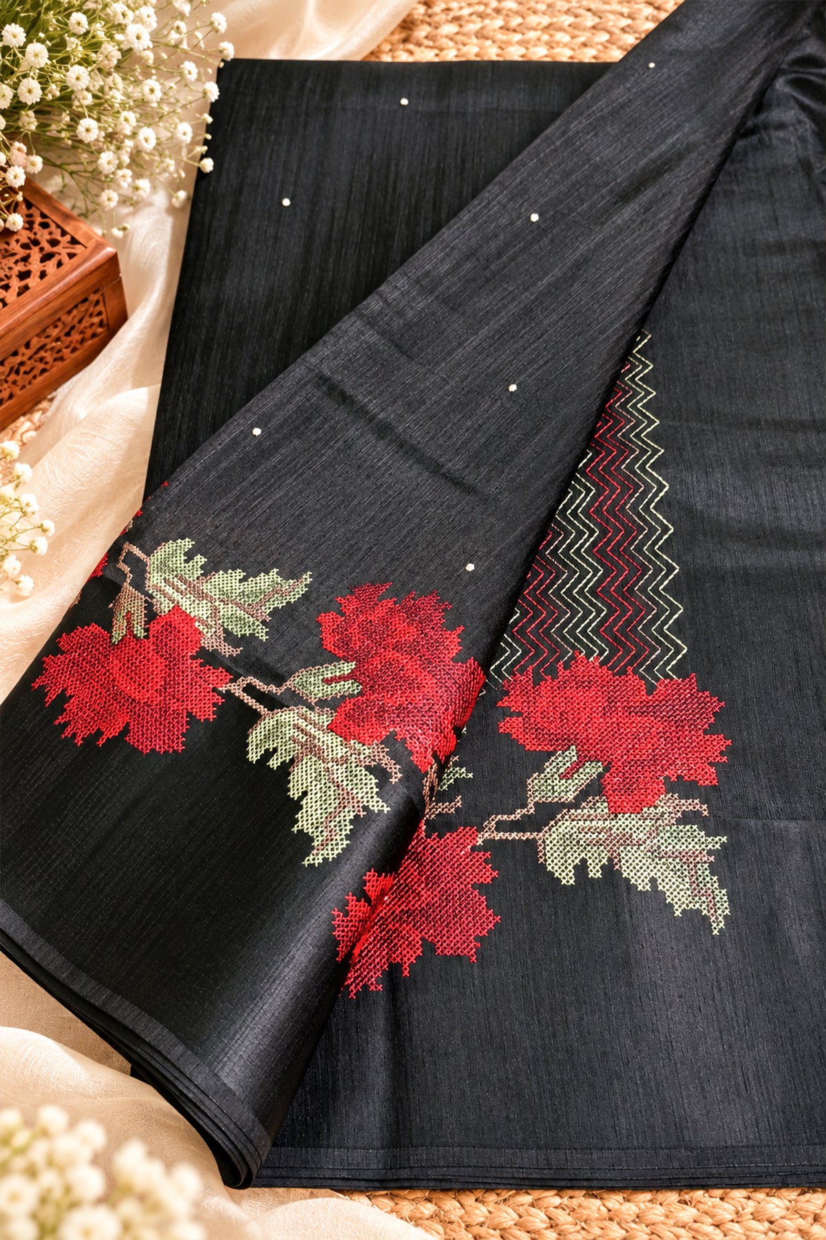 Black Jute Matka Red Floral Cross-Stitch Saree - SS111
