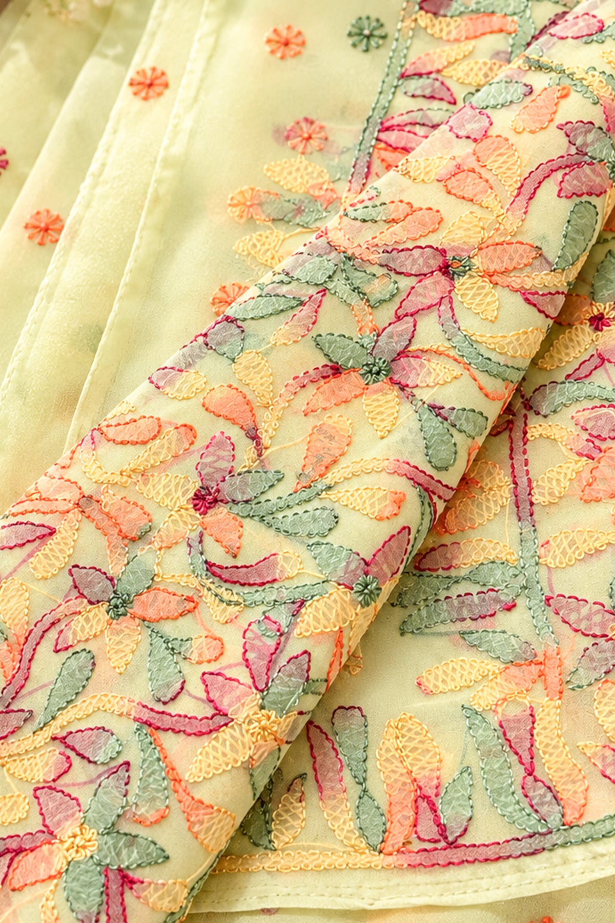 Lime Green Georgette Chikankari Saree - SS095