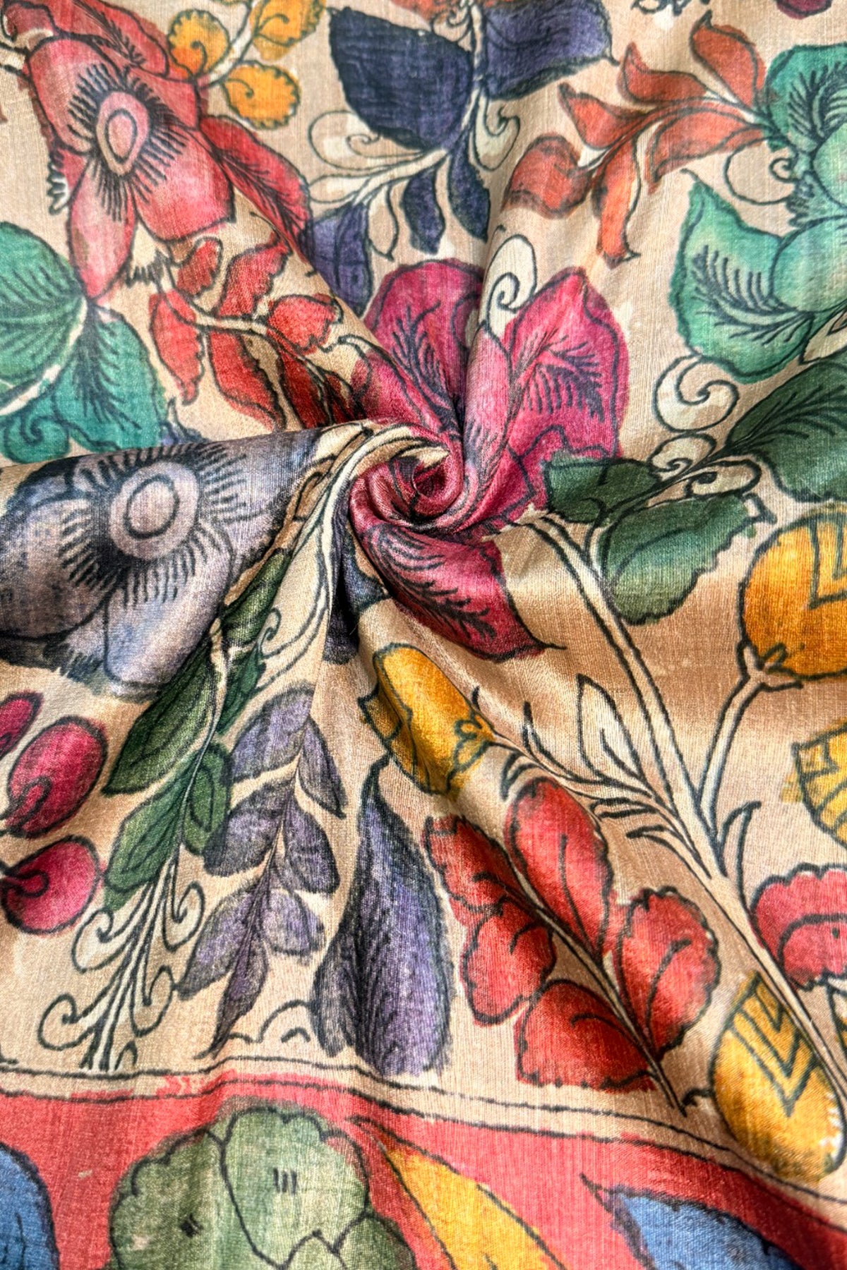 Coral Pink Border Ivory Floral Kalamkari Ghicha Tussar Inspired Saree - SS108