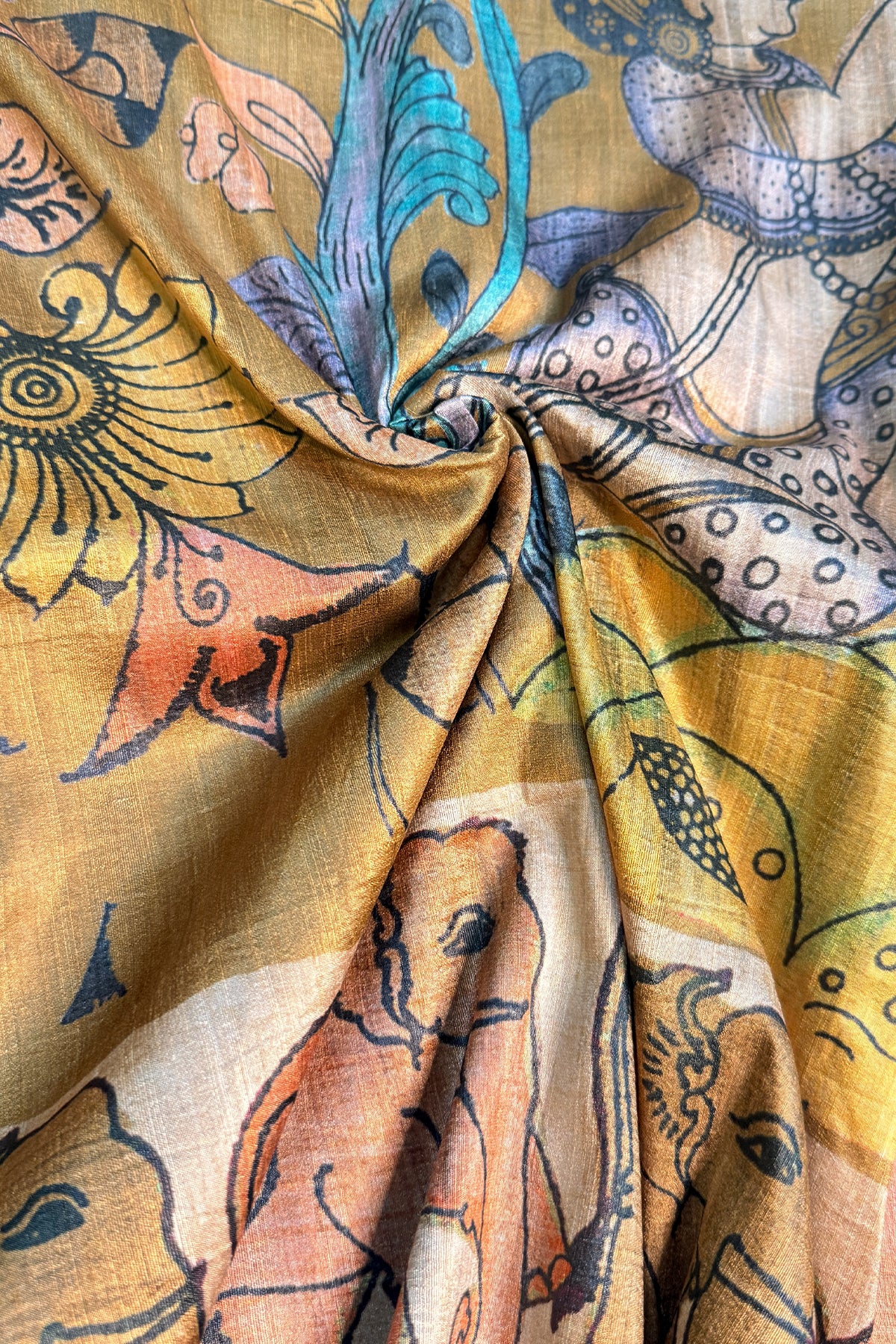 Mustard & Multicolour Kalamkari Ghicha Tussar Inspired Saree - SS099