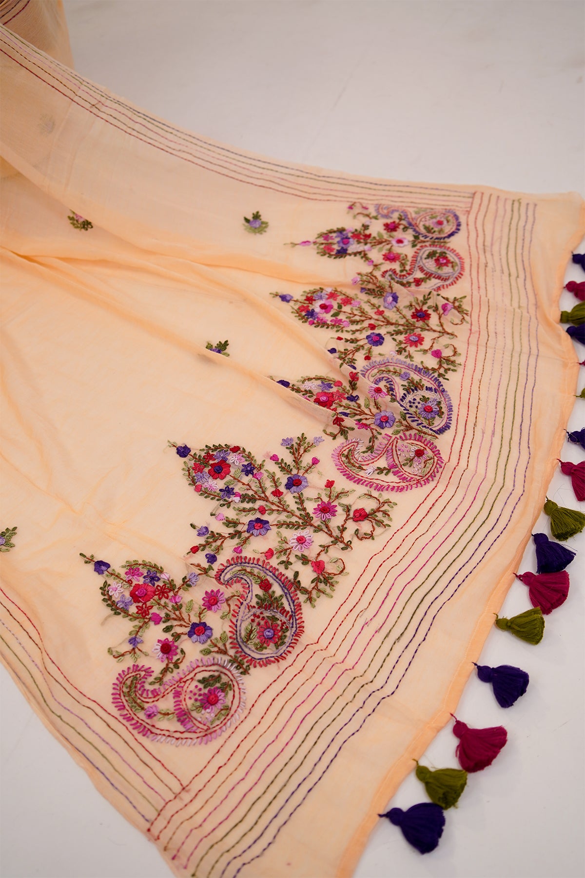 Peach & Multicolour French Knot Linen Saree - SS067