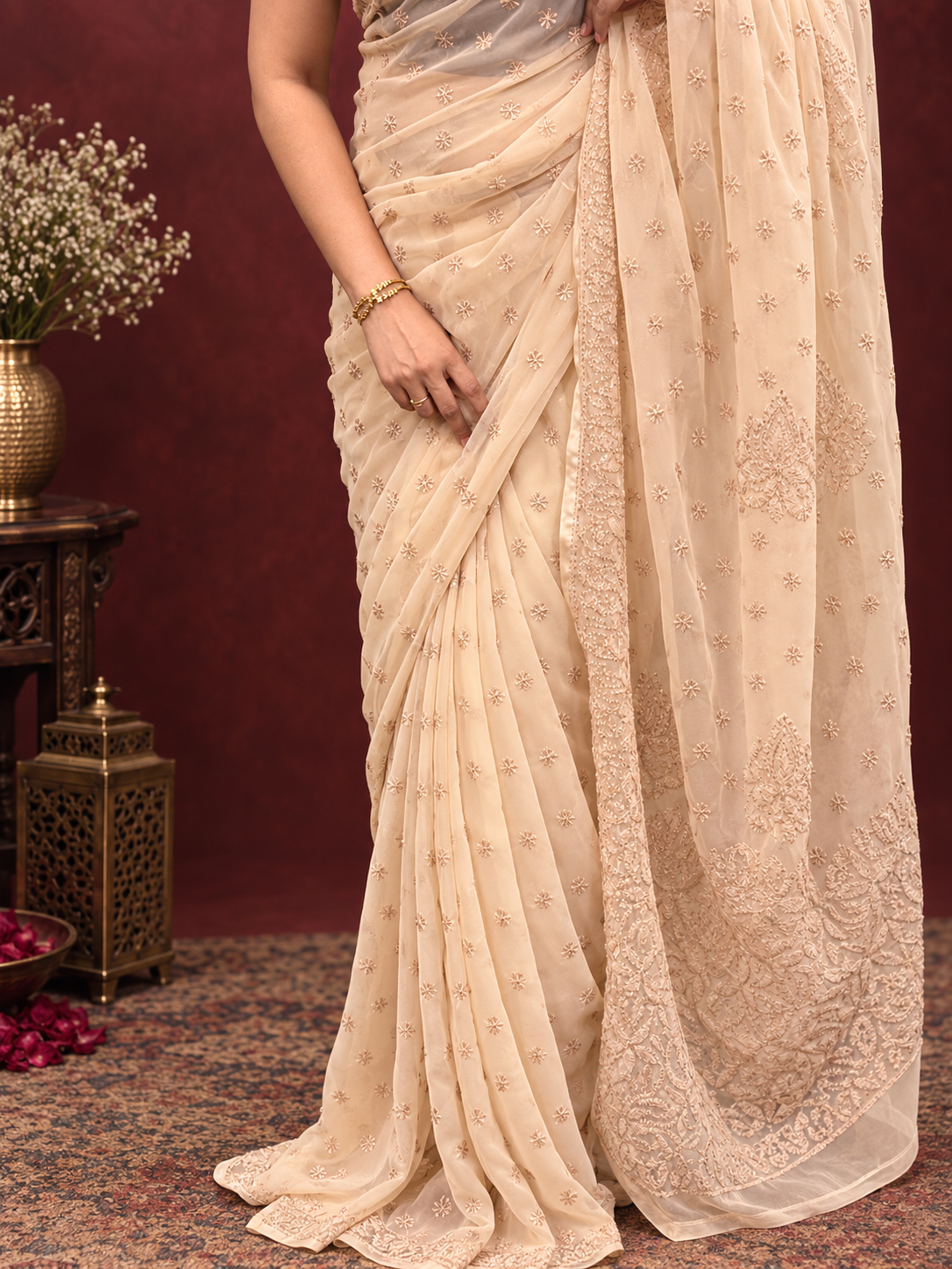 Peach Georgette Chikankari Saree - SS077