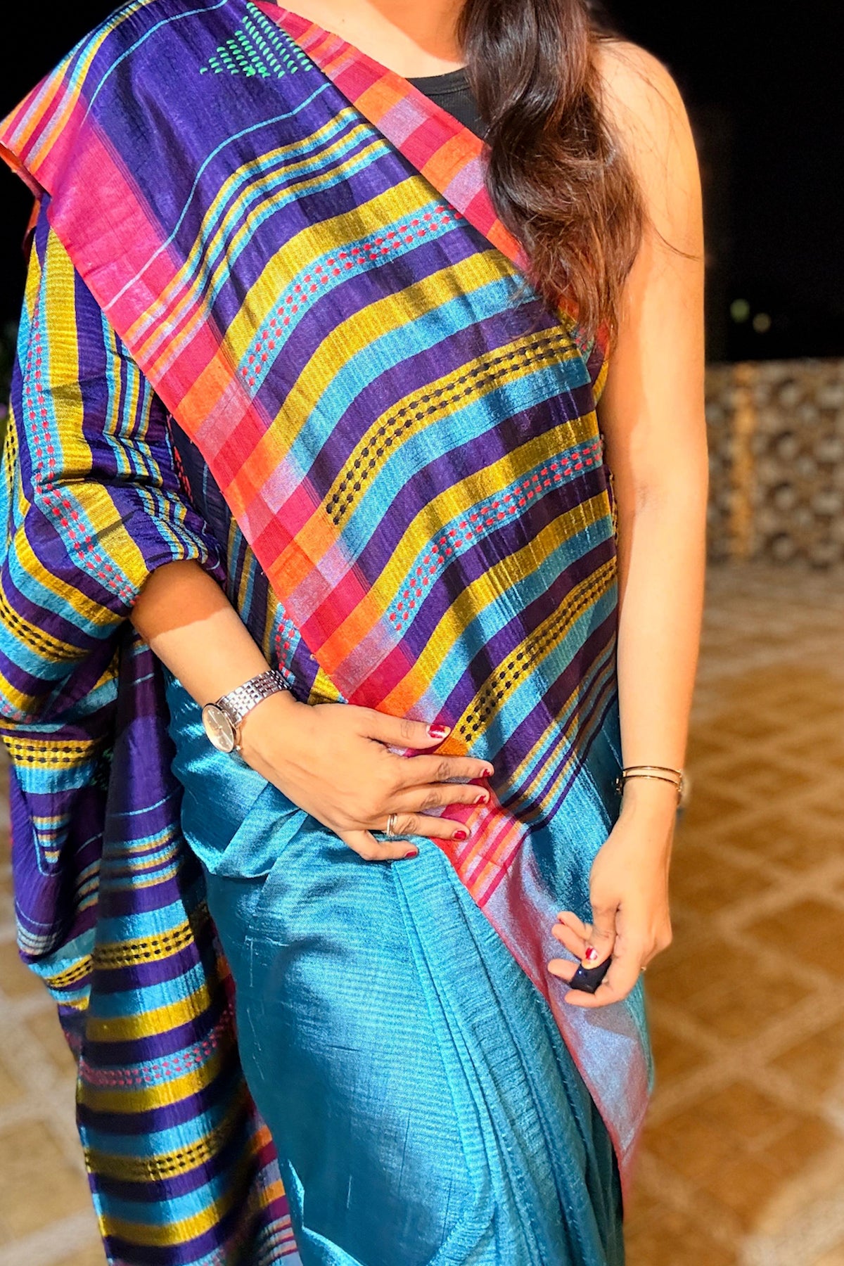 Turquoise Blue & Purple Banana Stem Saree - SS070