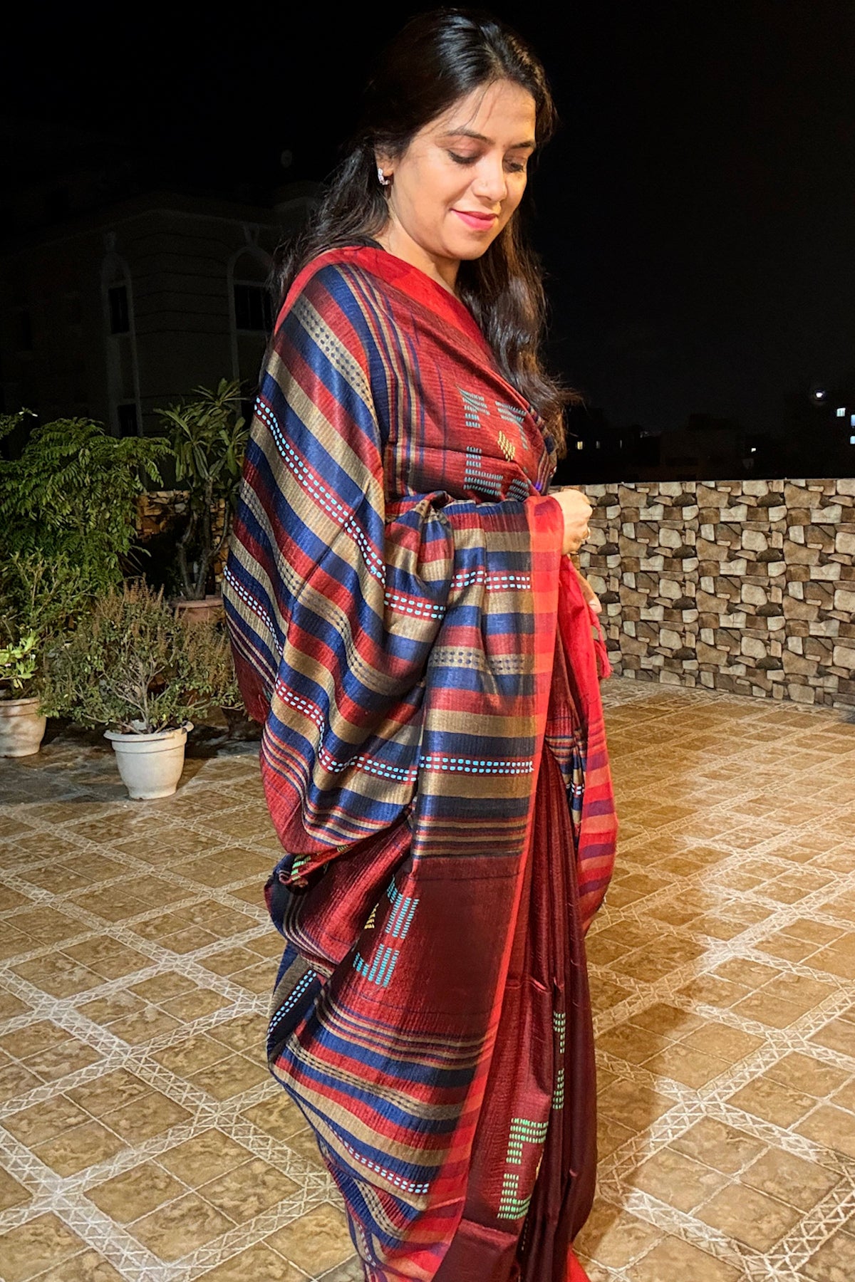 Wine Red & Navy Banana Stem Saree - SS071