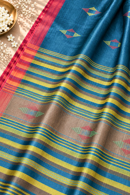 Blue & Earthy Brown Banana Stem Saree - SS089