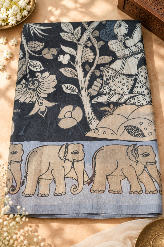 Deep Indigo & Ivory Ghicha Tussar Inspired Kalamkari Saree - SS101