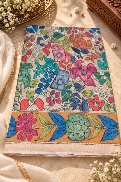Mustard Border Ivory Floral Kalamkari Ghicha Tussar Inspired Saree - SS107