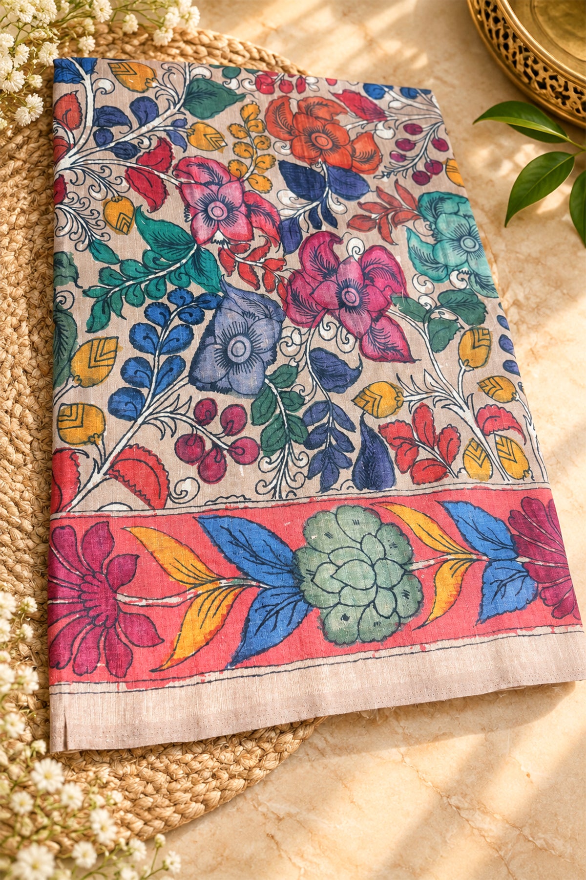 Coral Pink Border Ivory Floral Kalamkari Ghicha Tussar Inspired Saree - SS108
