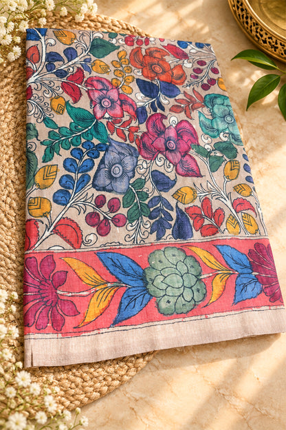 Coral Pink Border Ivory Floral Kalamkari Ghicha Tussar Inspired Saree - SS108
