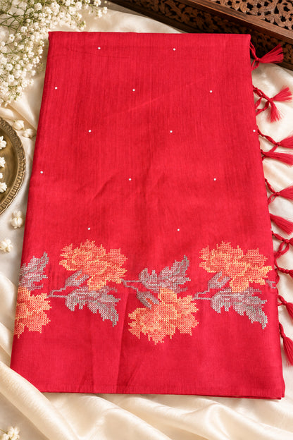 Red Jute Matka Cross-Stitch Floral Saree - SS109