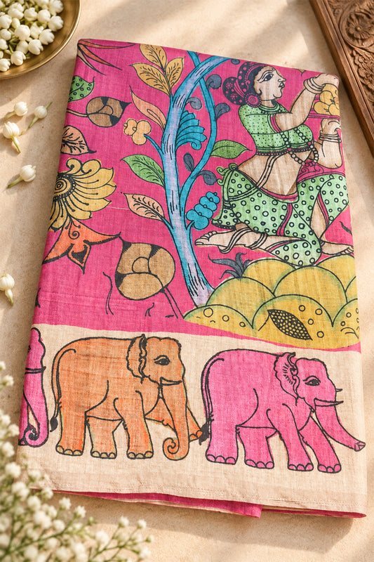 Rani Pink & Multicolour Ghicha Tussar Inspired Kalamkari Saree - SS100