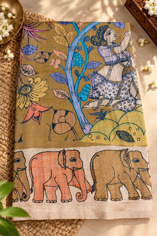 Mustard & Multicolour Kalamkari Ghicha Tussar Inspired Saree - SS099