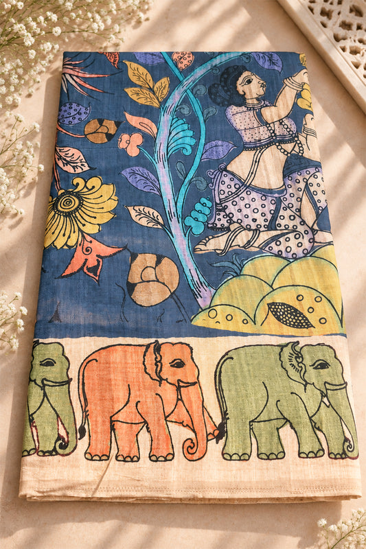 Denim Blue & Multicolour Ghicha Tussar Inspired Kalamkari Saree - SS102