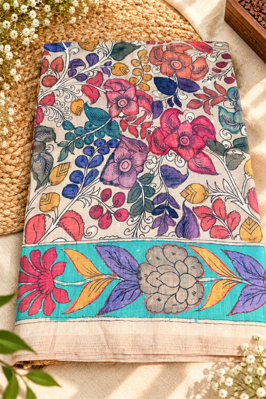 Ivory & Multicolour Floral Ghicha Tussar Inspired Kalamkari Saree - SS103