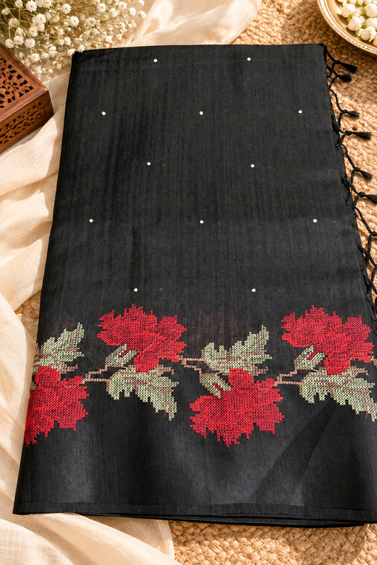 Black Jute Matka Red Floral Cross-Stitch Saree - SS111