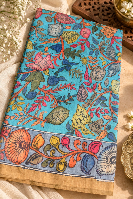 Turquoise Blue & Multicolour Floral Ghicha Tussar Inspired Kalamkari Saree - SS104