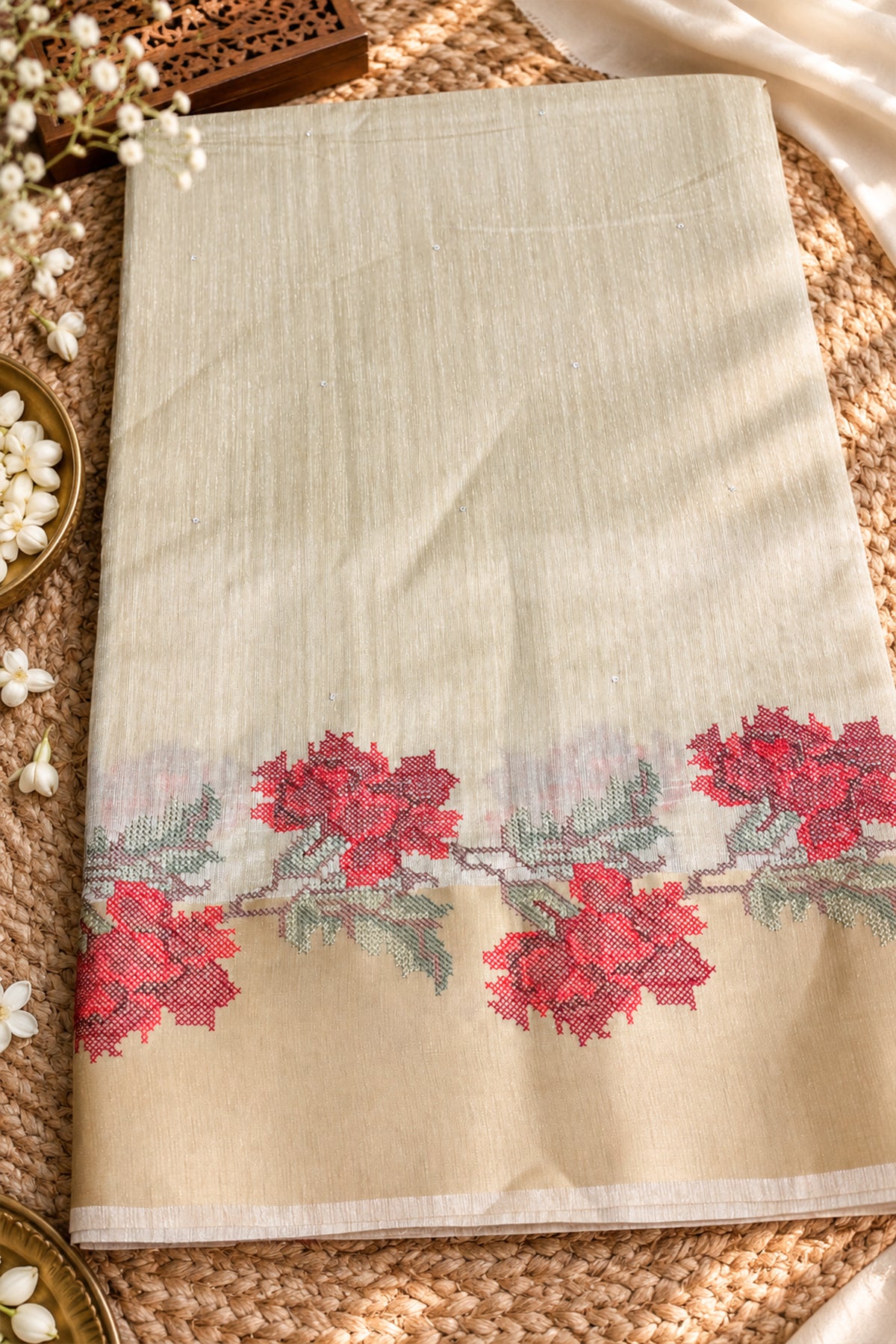 Ivory Jute Matka Pink Floral Cross-Stitch Saree - SS110