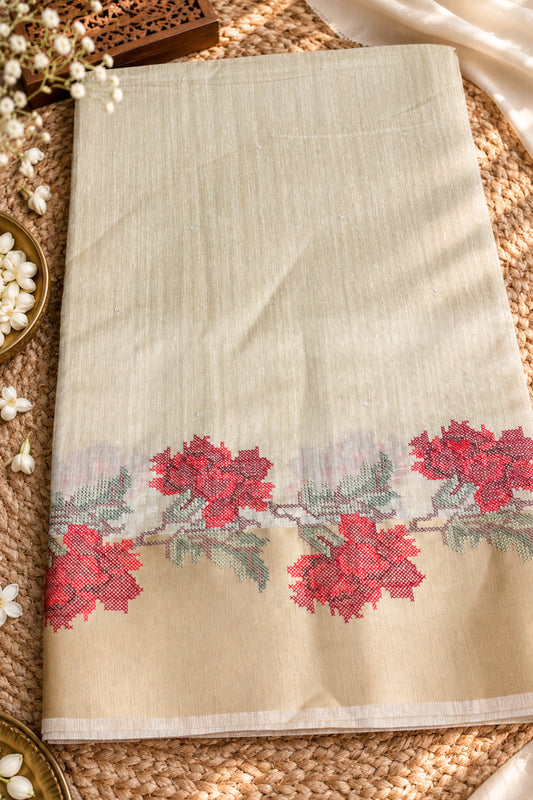 Ivory Jute Matka Pink Floral Cross-Stitch Saree - SS110