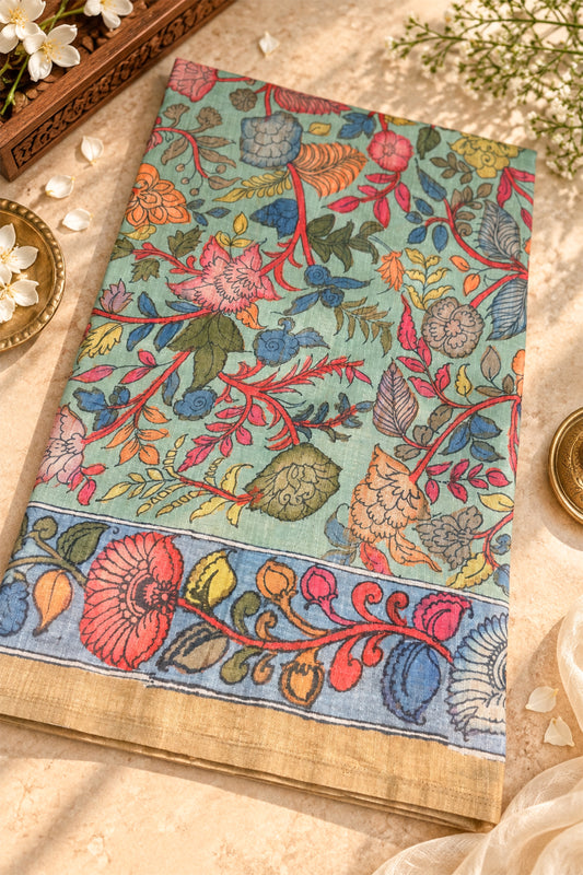 Sage Green & Multicolour Floral Ghicha Tussar Inspired Kalamkari Saree - SS105