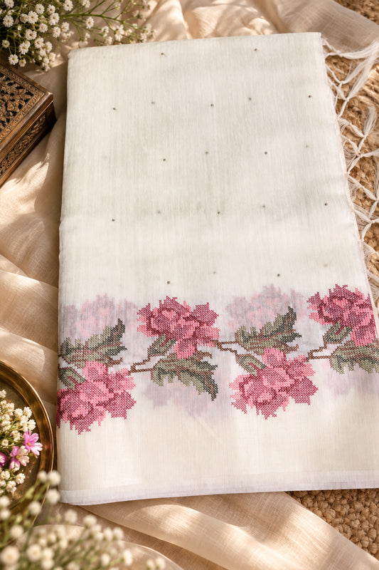 White Jute Matka Pink Floral Cross-Stitch Saree - SS112