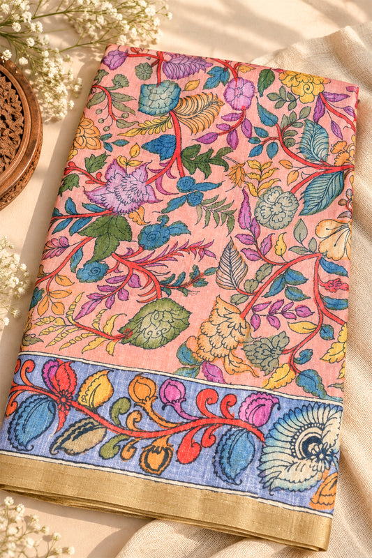Blush Pink & Multicolour Floral Ghicha Tussar Inspired Kalamkari Saree - SS106