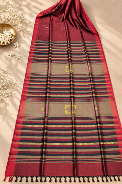 Red & Beige Banana Stem Saree - SS093
