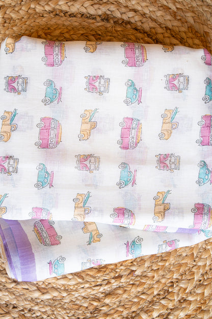 Vintage Ride Digital Print Linen Saree