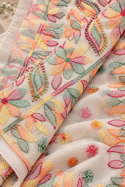 Ivory Georgette Chikankari Saree - SS097