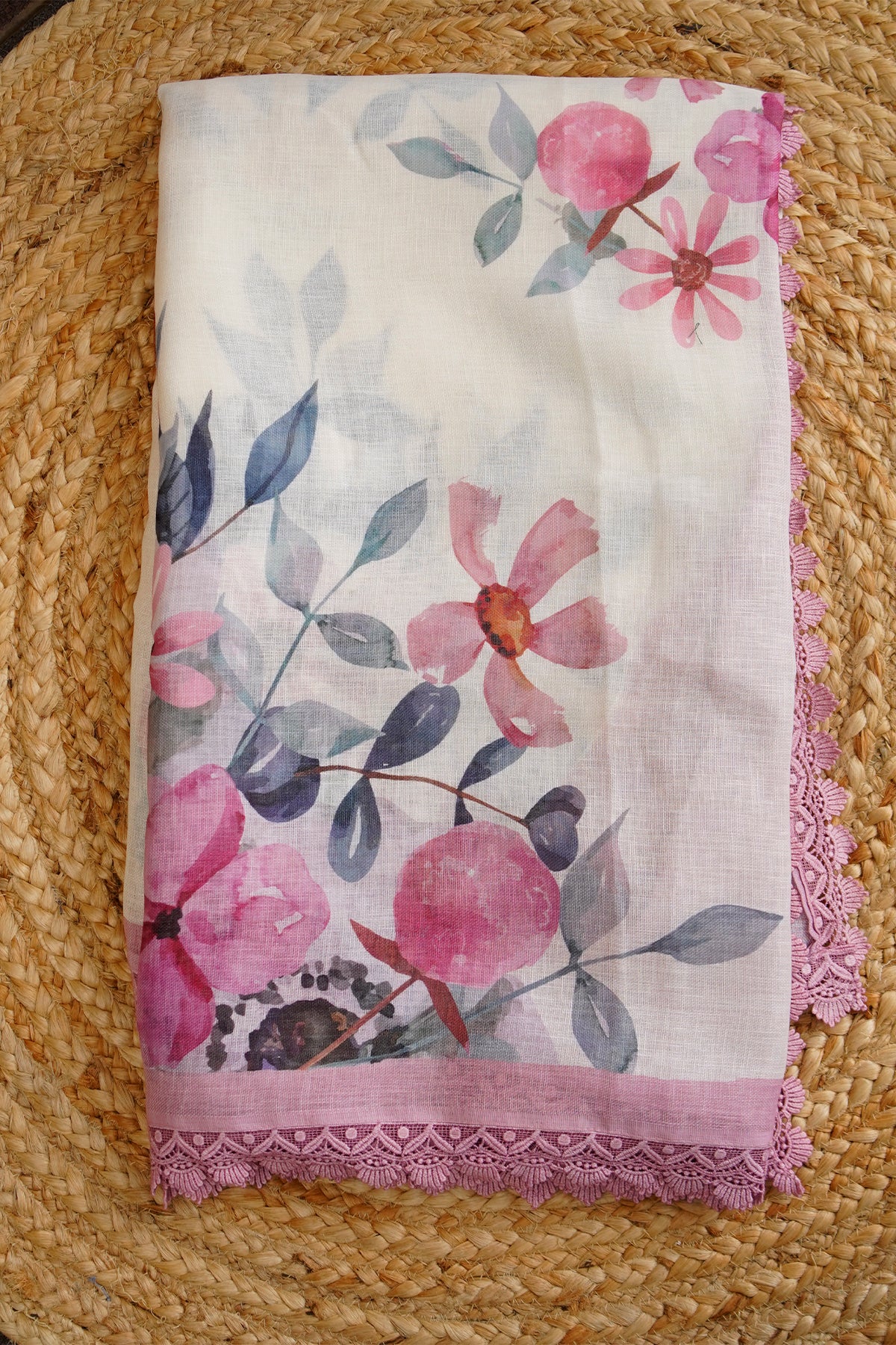Blush Blossom Digital Print Linen Saree with Imported Lace - SS040