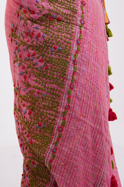 Gulabi Noor French Knot Cotton Linen Saree - SS048