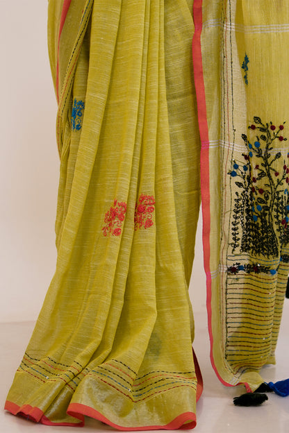 Phool Saaz Cotton Linen Handwork Saree - SS049