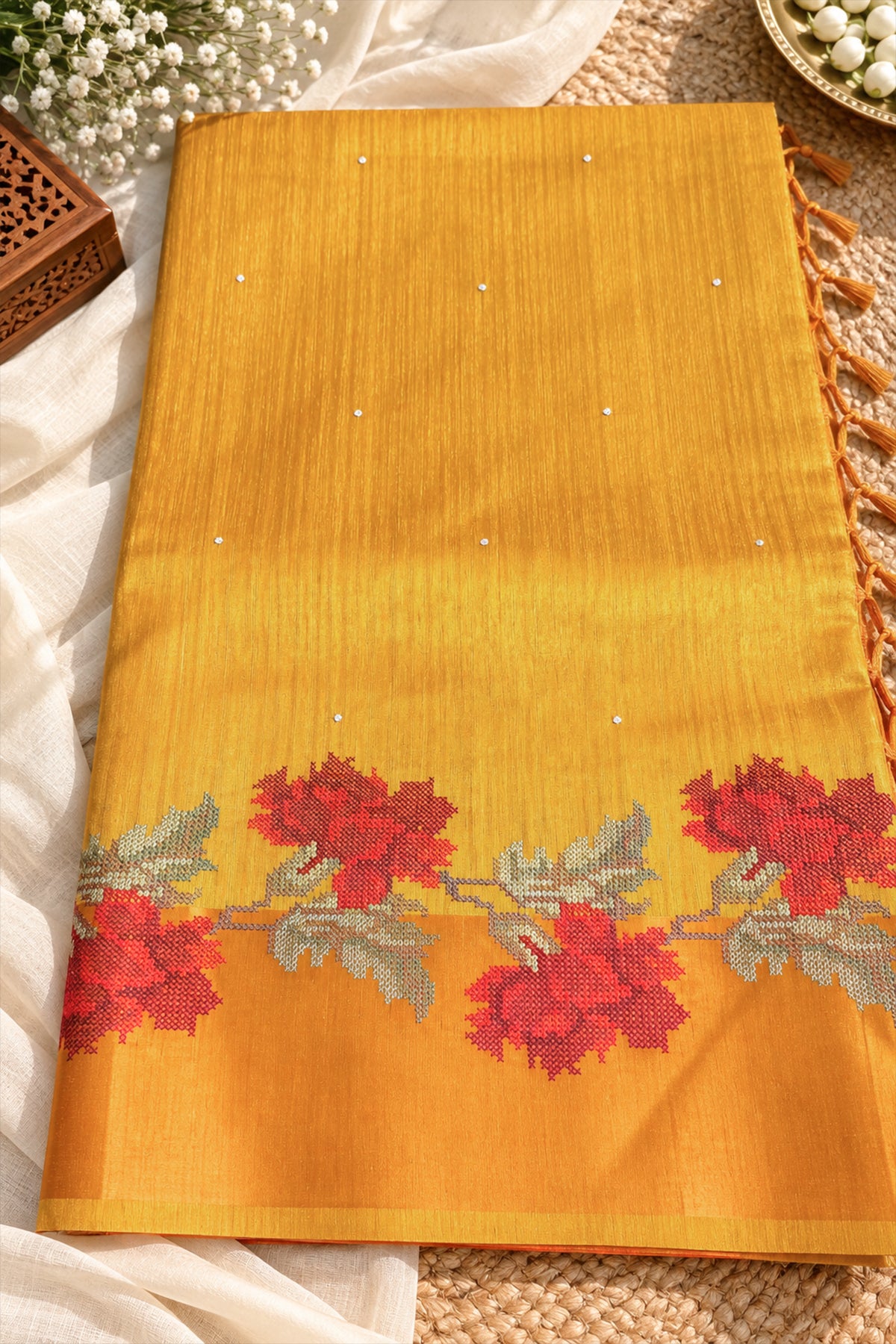 Mustard Yellow Jute Matka Red Floral Cross-Stitch Saree - SS113