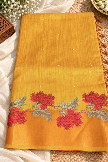 Mustard Yellow Jute Matka Red Floral Cross-Stitch Saree - SS113