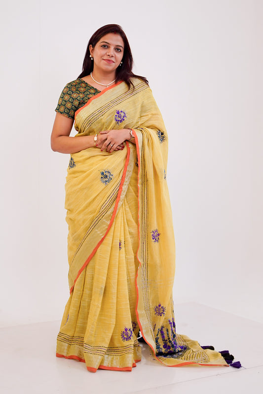 Mustard Yellow & Coral French Knot Linen Saree - SS063