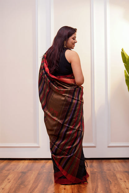 Black & Red Banana Stem Saree - SS050