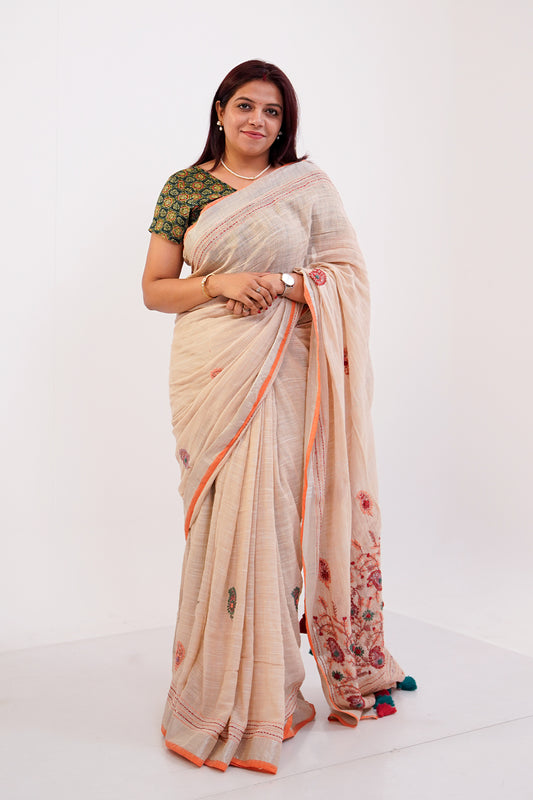 Ivory & Coral French Knot Cotton Linen Saree - SS064