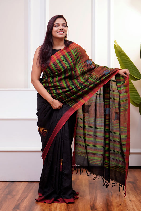 Black & Green Banana Stem Saree - SS056