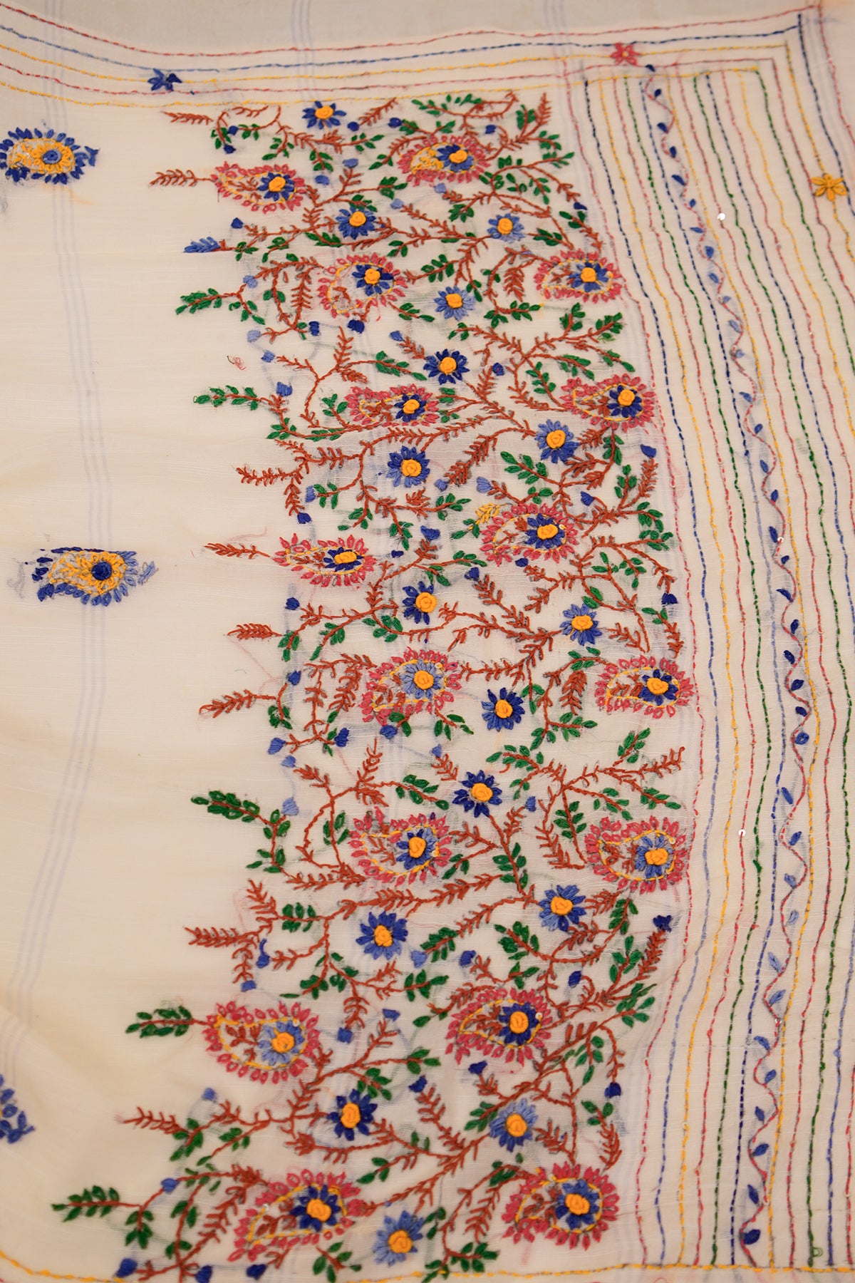 Ivory & Yellow French Knot Linen Saree - SS065