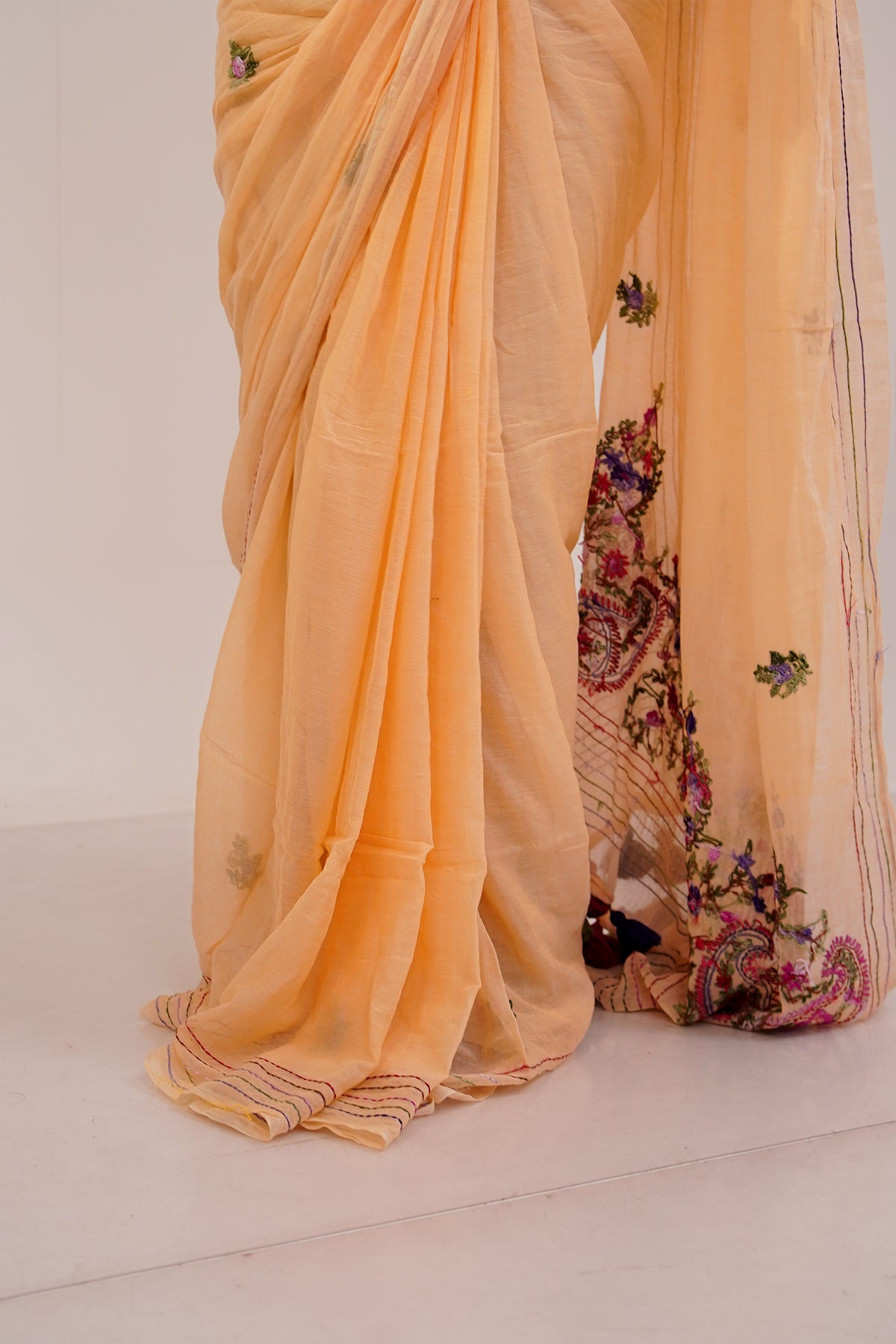 Peach & Multicolour French Knot Linen Saree - SS067