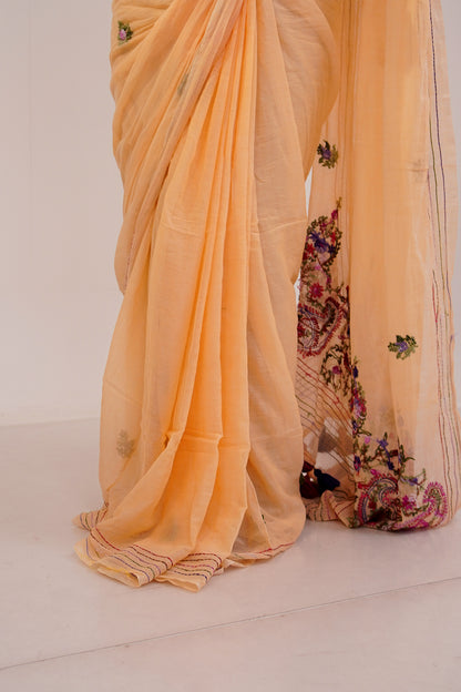 Peach & Multicolour French Knot Linen Saree - SS067