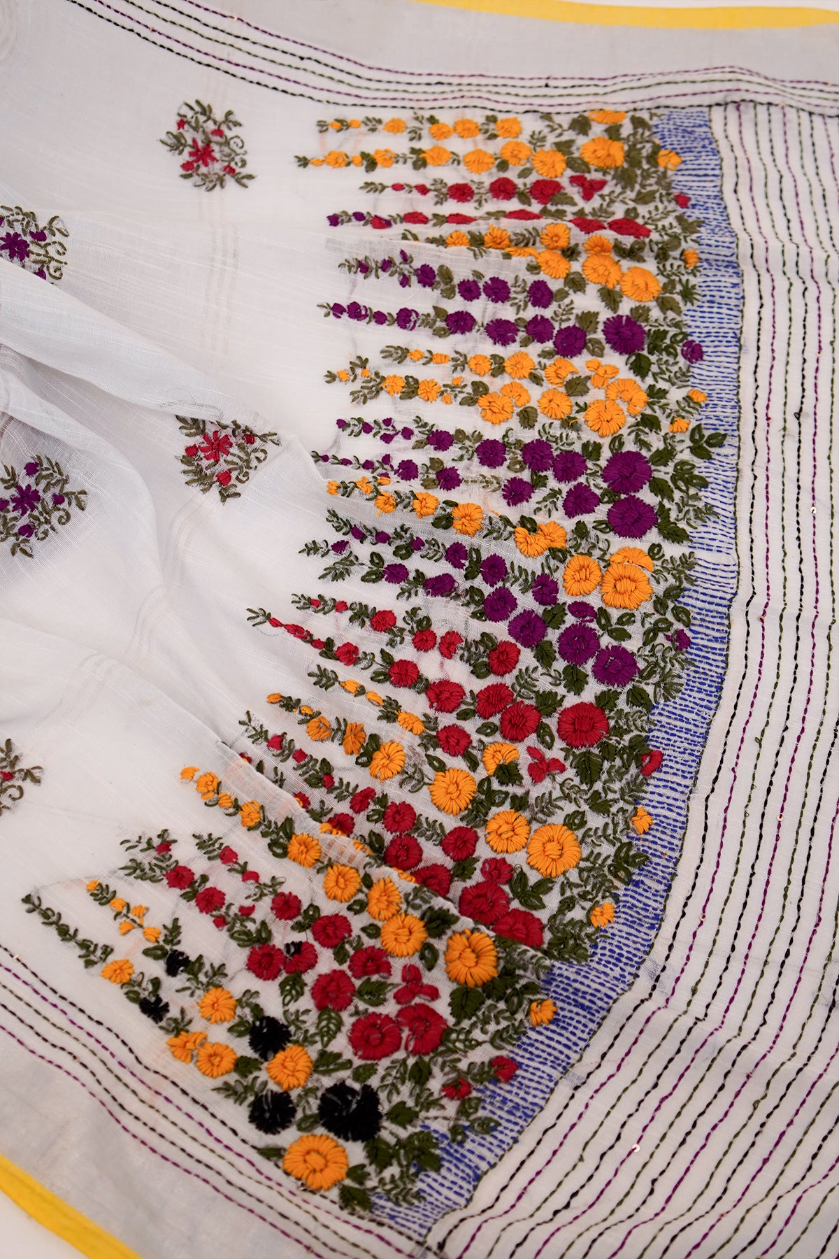White & Multicolour French Knot Linen Saree - SS066