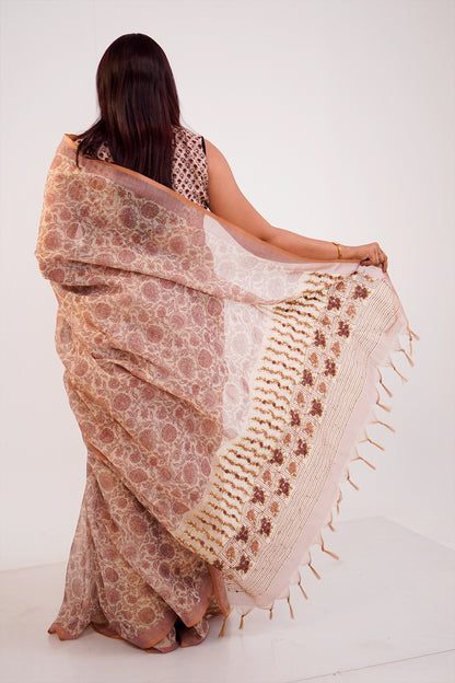Blush Beige Floral Embroidered Tissue Linen Saree - SS069