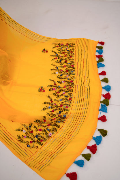 Sunshine Yellow Floral Embroidered Linen Saree - SS068