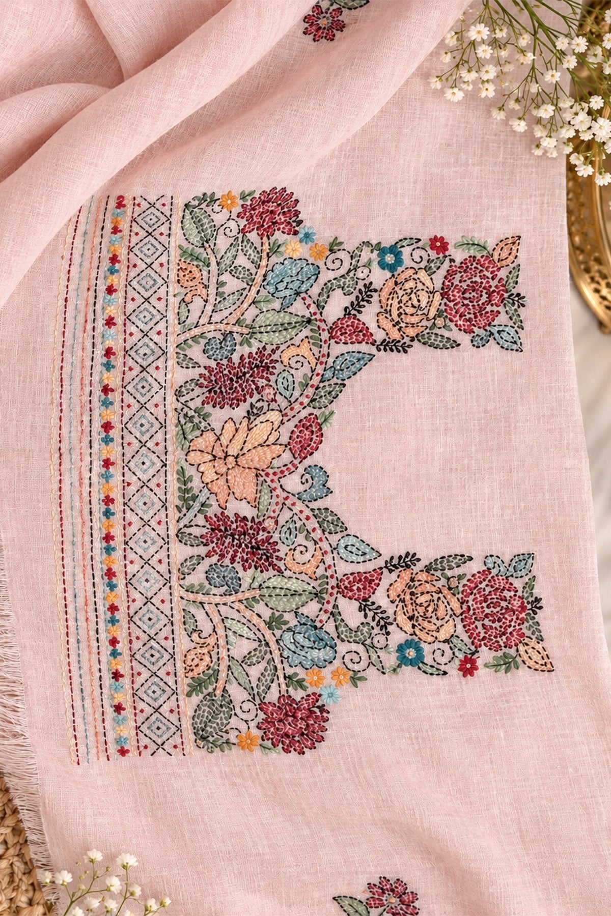 Blush Pink Linen Saree with Full Handwork Blouse - SS072