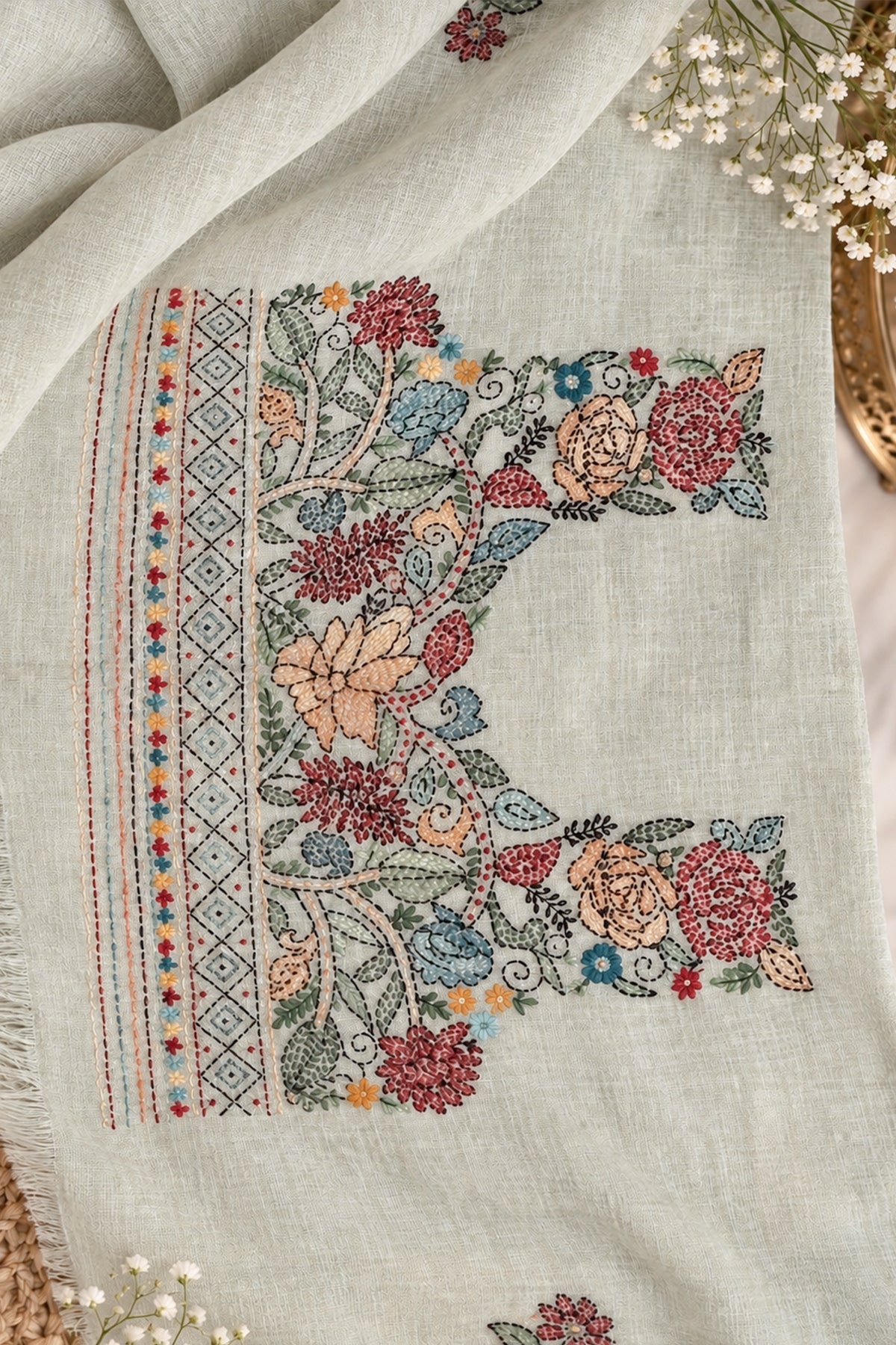 Ivory Linen Saree with Full Handwork Blouse - SS076