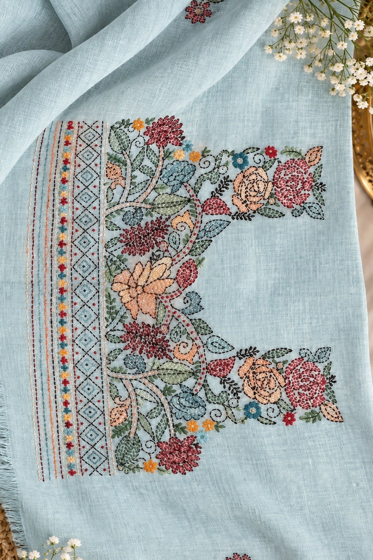 Ice Blue Linen Saree with Full Handwork Blouse - SS073